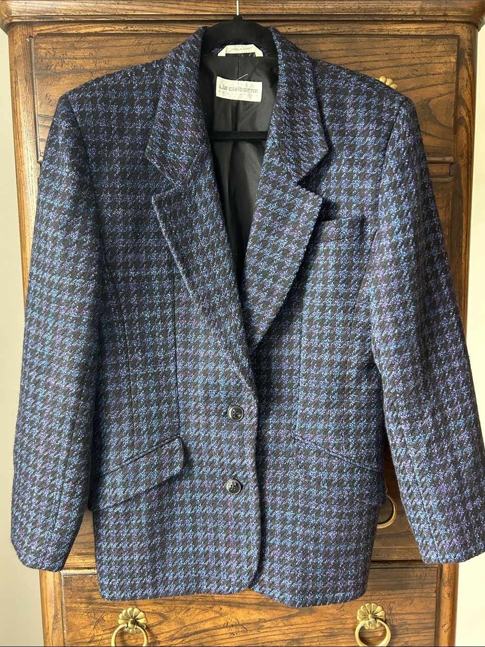 Liz Claiborne Vintage Wool Blend Blue, Purple, Black Houndstooth Blazer, Size 10
